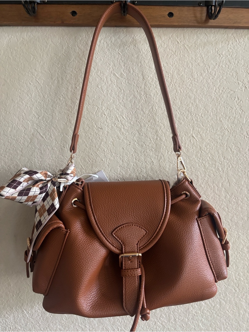 Brown Pebbled Leather Shoulder Bag with Scarf Accent